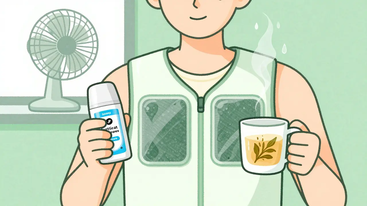 Person wearing a cooling vest during a video call, holding antiperspirant and tea, fan blowing in background.