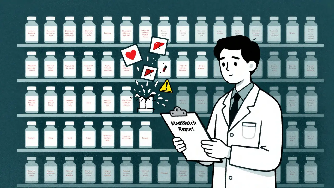Pharmacist facing a wall of contaminated supplement bottles, each marked with hidden drugs, in risograph aesthetic.