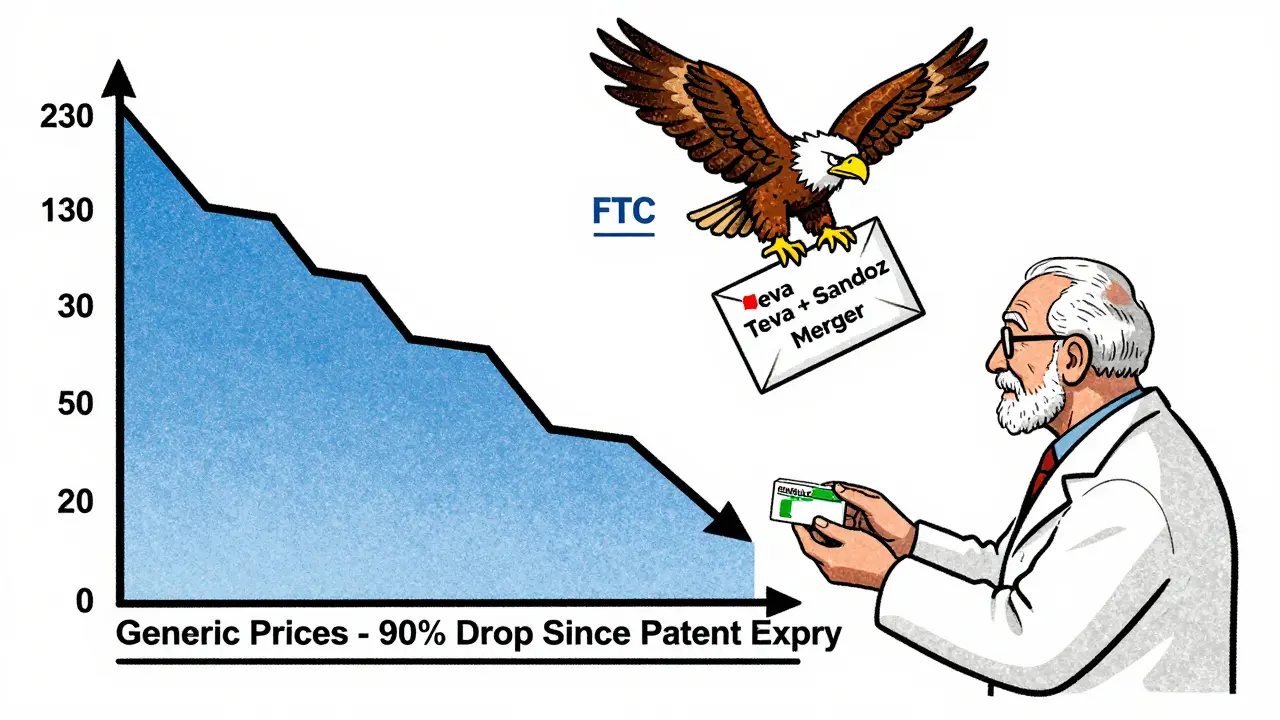 Pharmacist gives affordable generic pill to patient as a graph plummets and an FTC eagle blocks an anti-competitive deal.