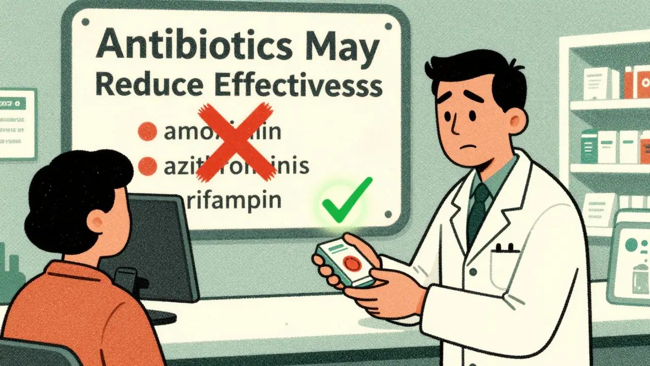 Pharmacist giving condoms, outdated label on pill box with X over common antibiotics, risograph aesthetic