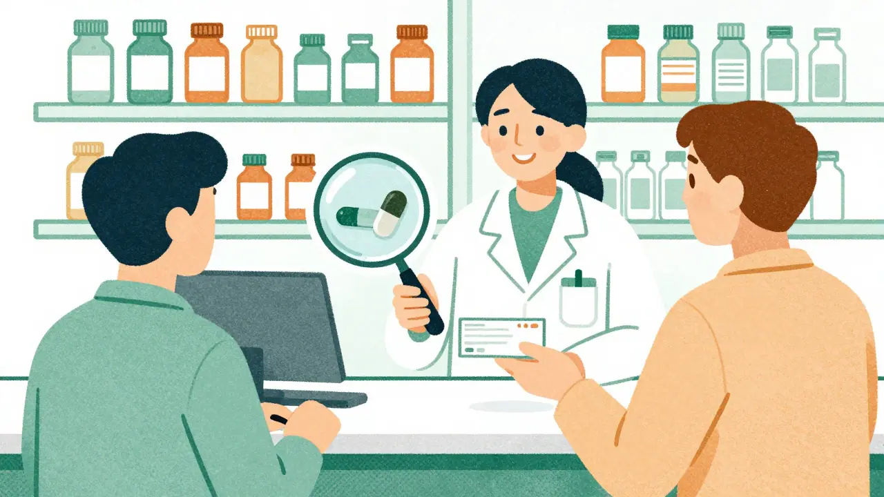 Pharmacist handing a prescription at the counter, with pill bottles and magnified active ingredients visible.