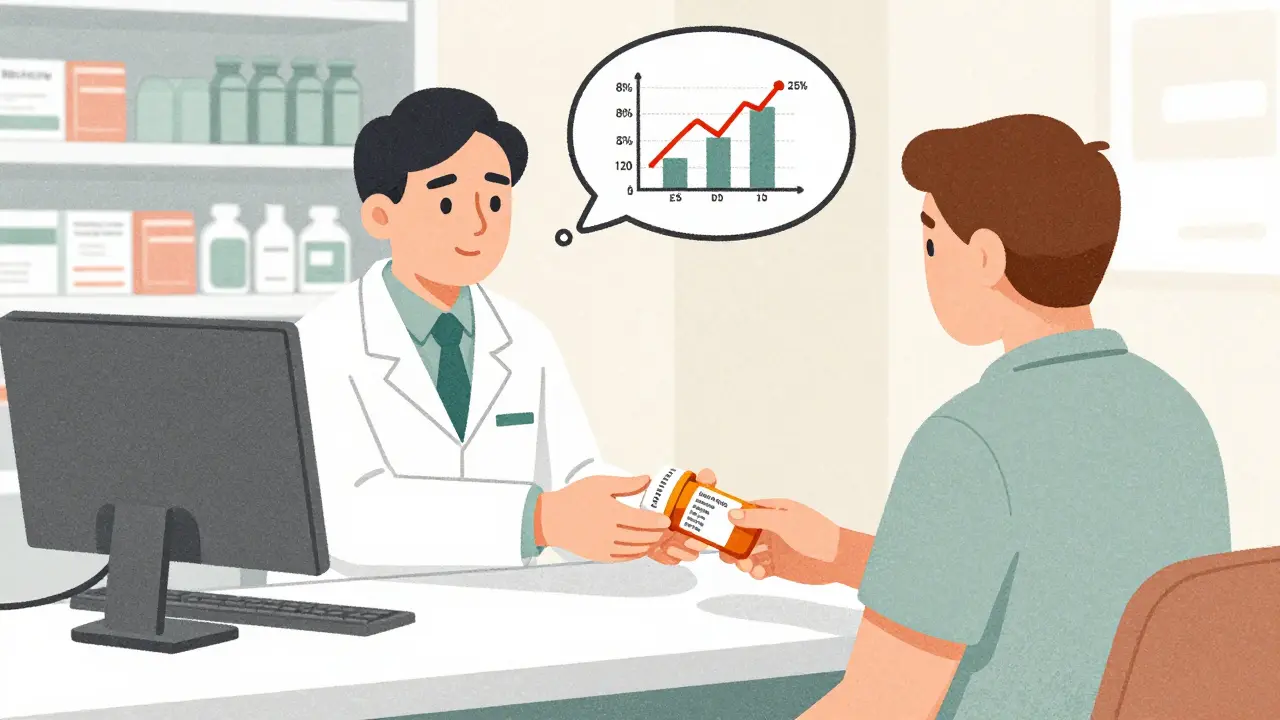 Pharmacist handing a prescription to a patient, with a blood level graph floating above their head.