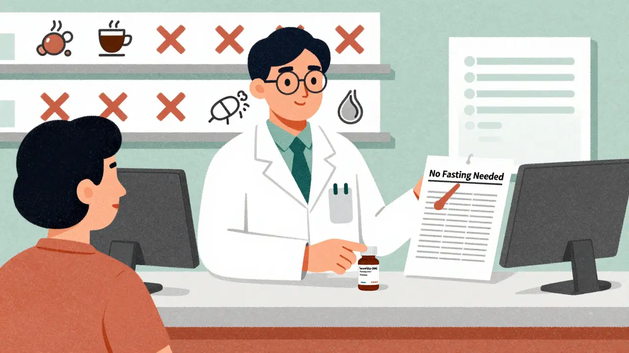 Pharmacist handing liquid thyroid medication, traditional pills marked with Xs next to interfering items.