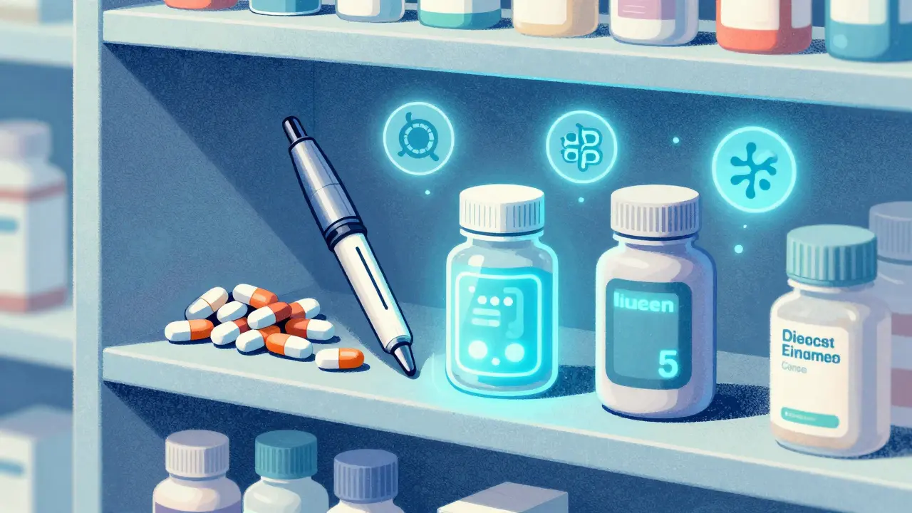 Pharmacy shelf with traditional pills, biosimilar pens, and smart bottles glowing with adherence trackers.
