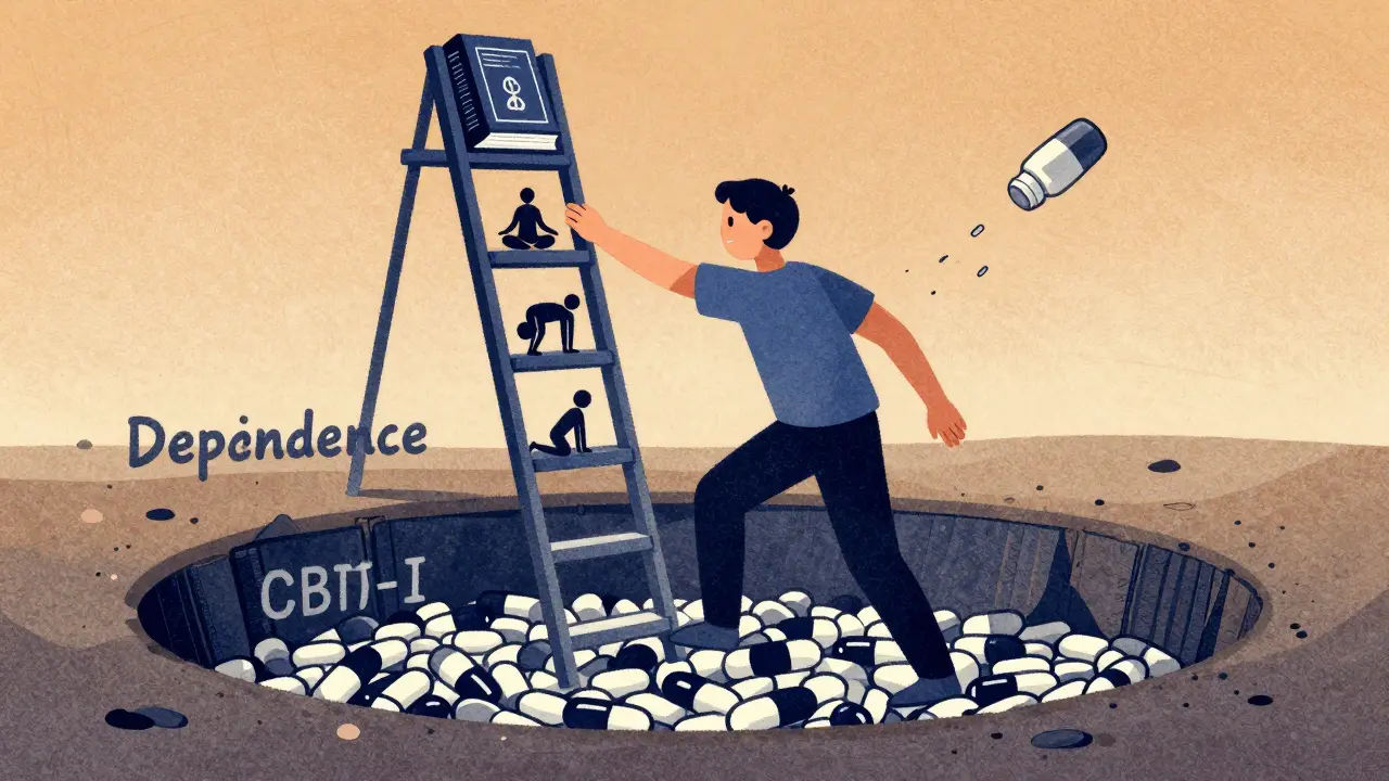 Someone climbing out of a pill pit toward therapy and wellness, with a fading benzodiazepine bottle behind them.