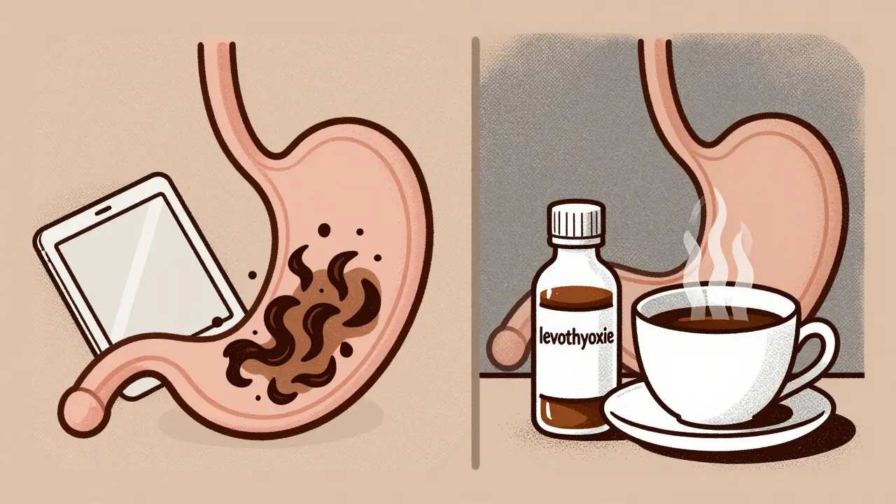 Split illustration comparing tablet and liquid levothyroxine absorption with coffee interference.