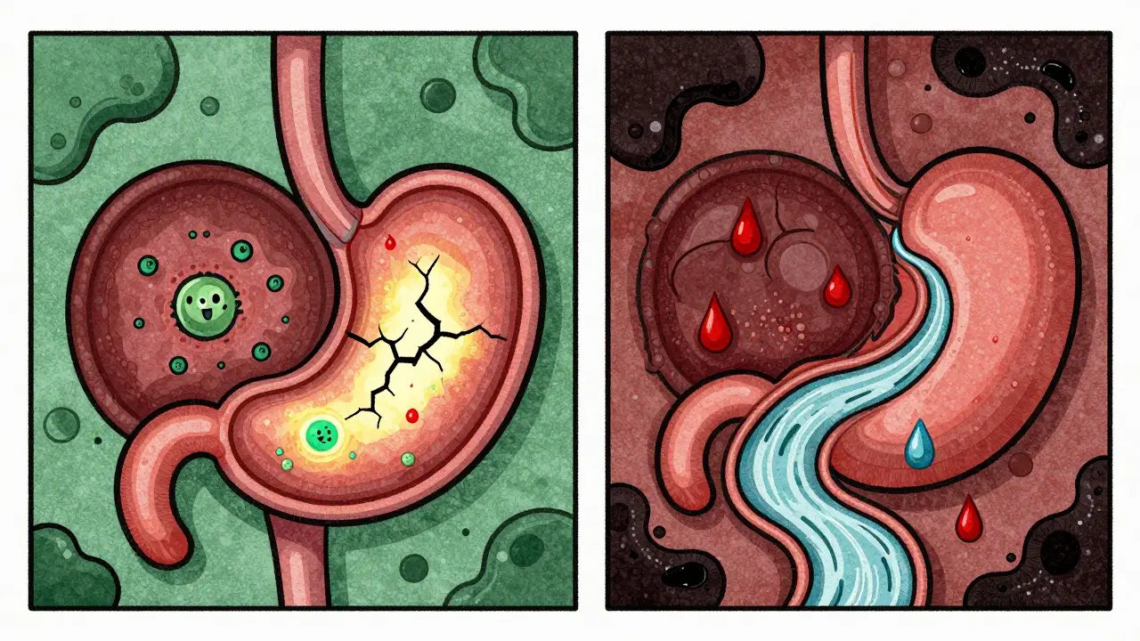 Split illustration of peptic ulcer and esophageal varices with blood and bacteria symbols.