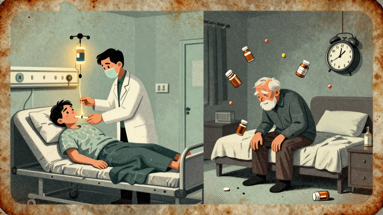 Split scene: emergency sedation on one side, elderly fall risk on the other, in muted risograph tones.