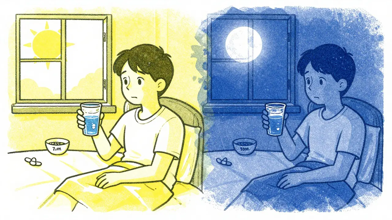 Split scene: morning and nighttime thyroid medication intake with no food or drinks nearby.