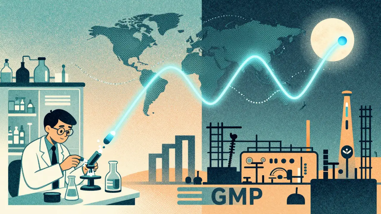 Split scene of U.S. and Indian labs showing identical pill dissolution curves