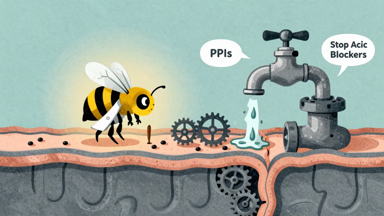 Tiny worker bee repairing gut lining with healing seeds as prokinetic gears turn slowly.