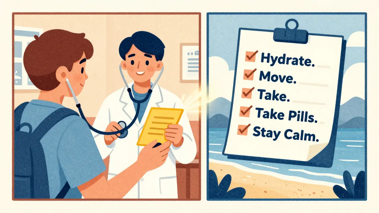 Traveler in foreign hospital presenting medical documents, serene destination in background.