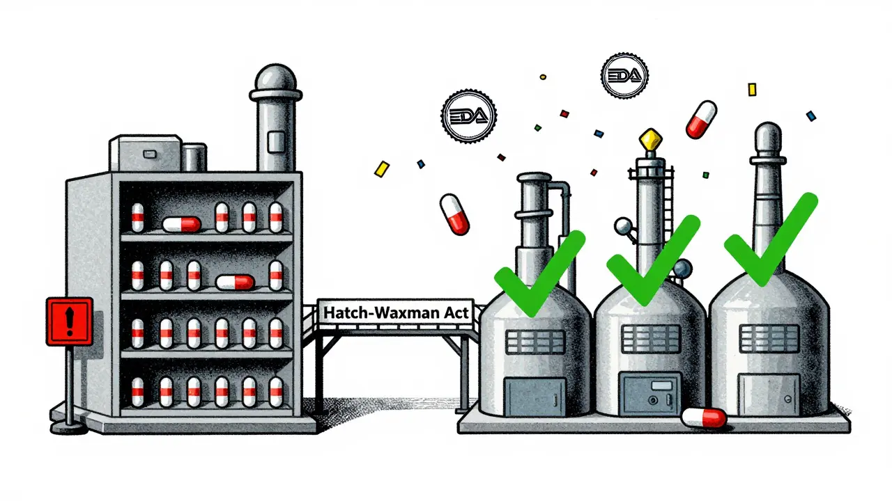 Two contrasting factory scenes: one failing due to low prices, another thriving with multiple competitors under the Hatch-Waxman Act.