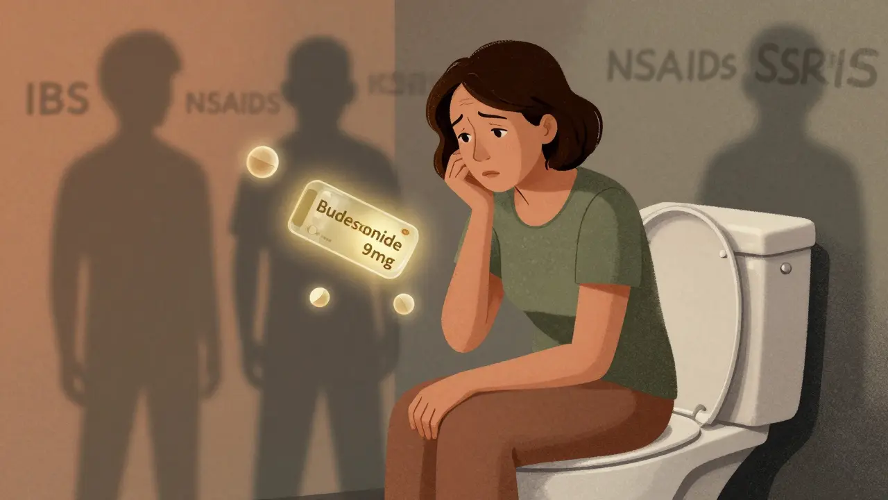 Woman at night with budesonide pills glowing softly, surrounded by fading medical labels