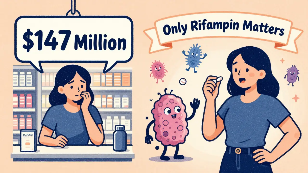 Woman choosing emergency contraception vs. confidently taking pill, microbiome high-fiving, risograph style