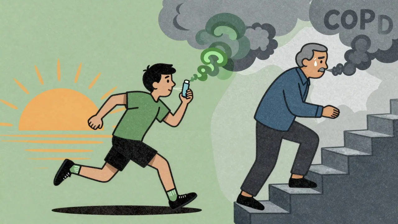 Young person running with inhaler mist vs. older person struggling up stairs with smoke clouds, in risograph style.