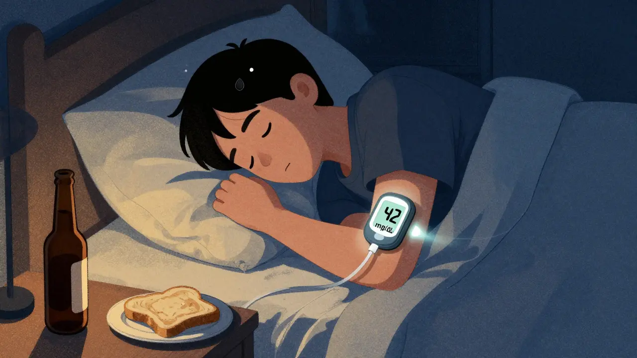 A sleeping person with a glucose monitor showing low blood sugar, beer bottle and toast on nightstand, in cool blues and amber.