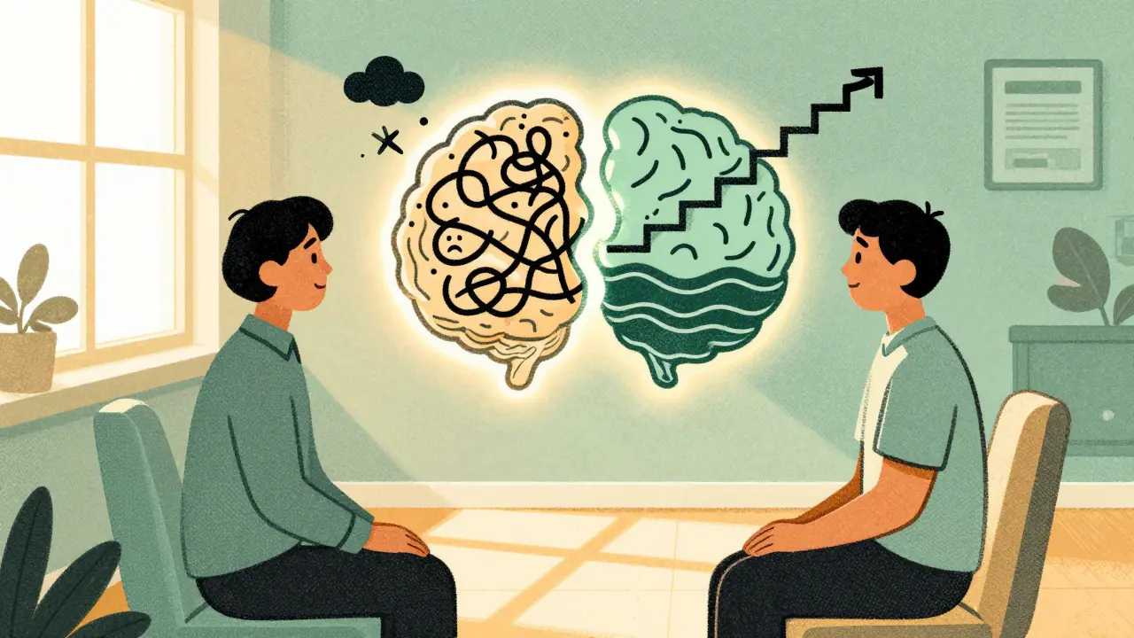 A therapist and client with a glowing brain showing fear transforming into calm pathways.