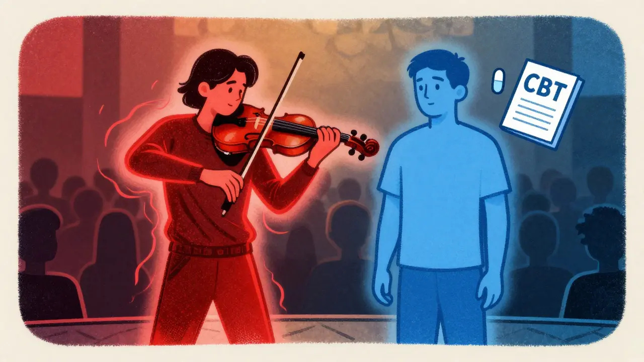 A violinist on stage with one side shaking and the other calm, flanked by a pill and therapy book.