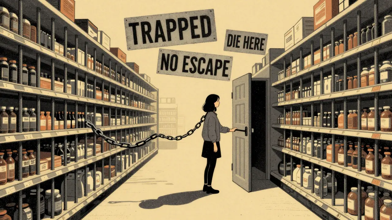 A woman trapped in a grocery store with shelves turning into bars and fear signs above.