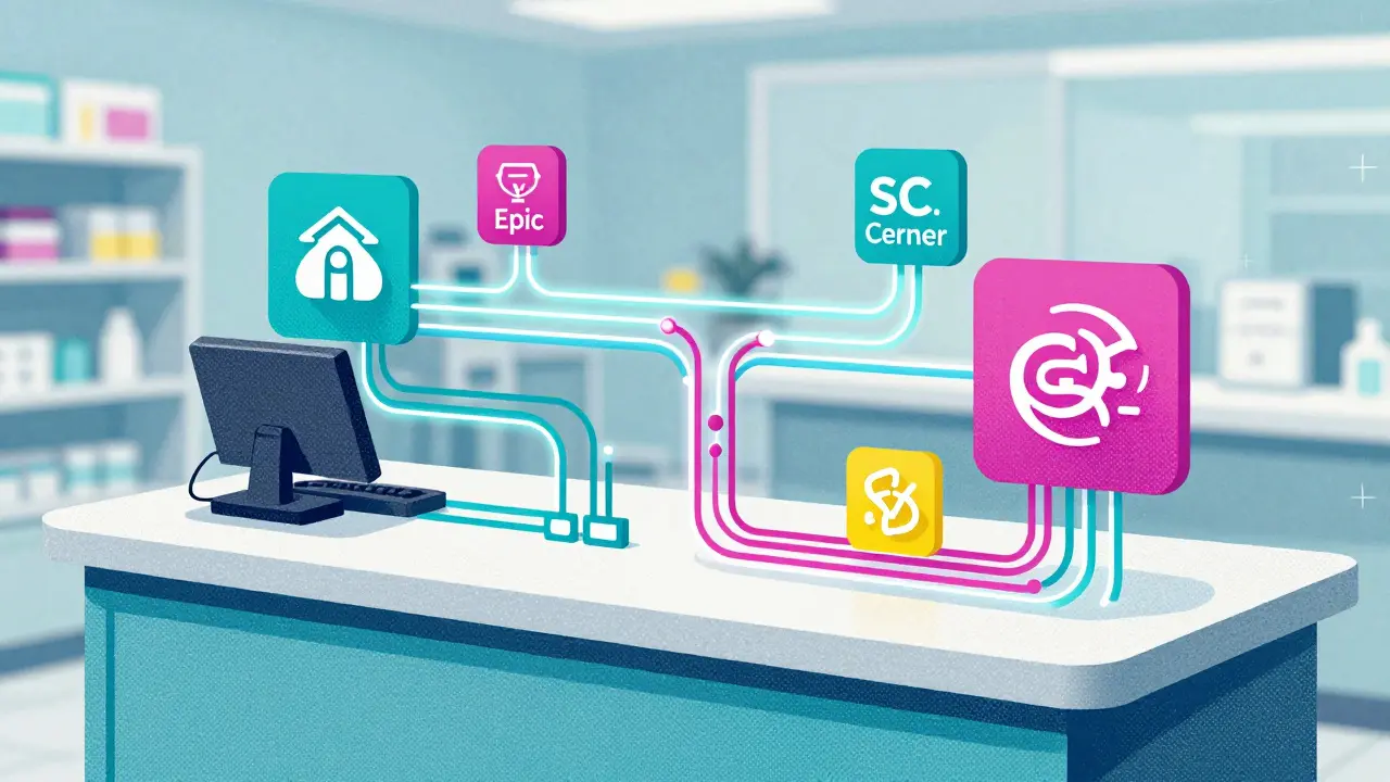 Abstract data streams connecting pharmacy systems with vibrant colors.