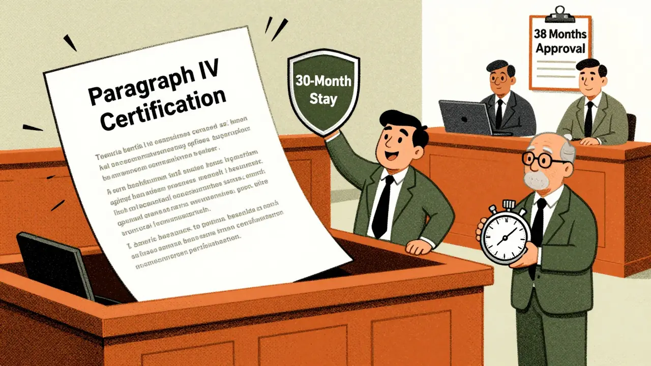 Courtroom scene with Paragraph IV certification and 30-month stay shield, FDA inspectors monitoring approval timelines.