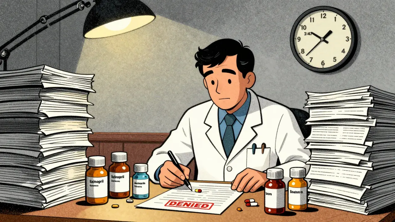 Doctor overwhelmed by stacks of prior authorization forms while generic medications sit unused on the desk.