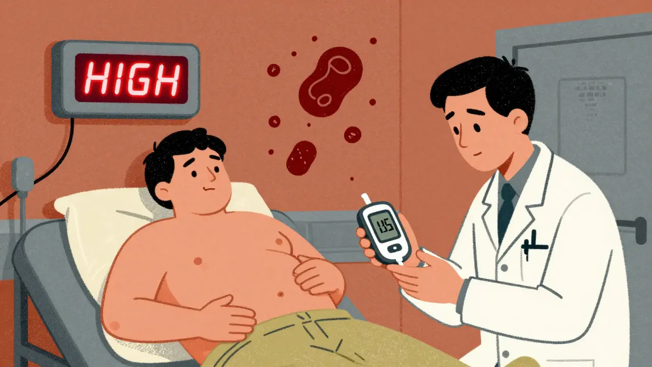 Emergency room scene with a patient in abdominal pain and a hidden high ketone reading on a wall meter.