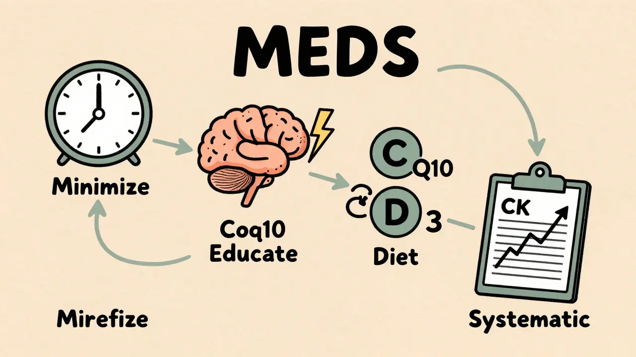 Four-step MEDS strategy illustrated as a road map with icons for minimizing time off, education, diet, and monitoring.