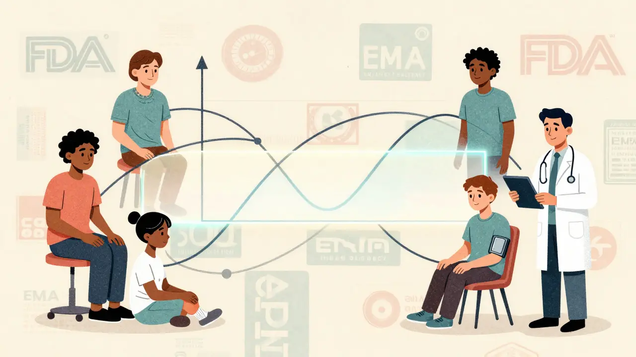 Patients connected to a drug curve graph with pAUC as a bridge, in muted risograph color palette