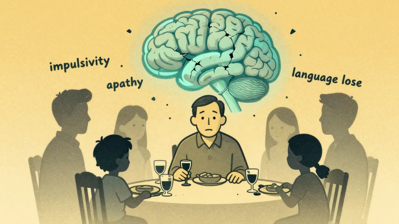 Person with frontotemporal dementia surrounded by fading family, brain lobes shrunken
