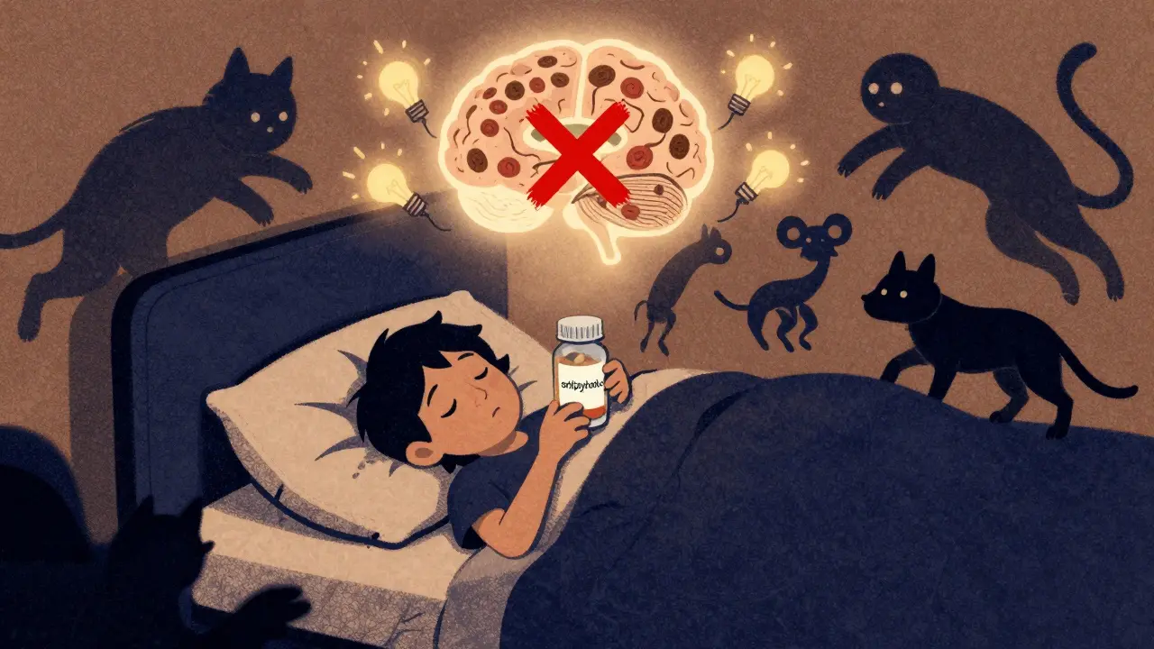 Person with Lewy body dementia acting out dreams, Lewy bodies glowing, antipsychotic pill with X