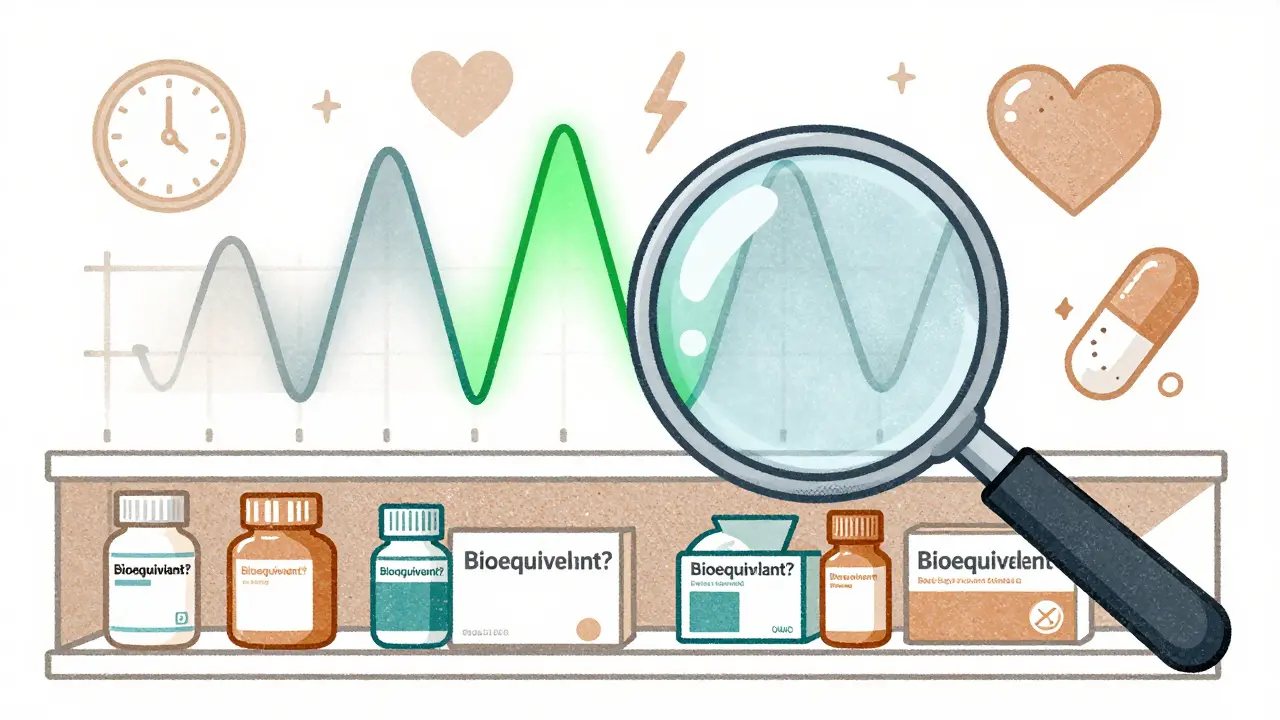 Pharmacy shelf with generic pills and magnifying glass over a pharmacokinetic curve split into pAUC zones
