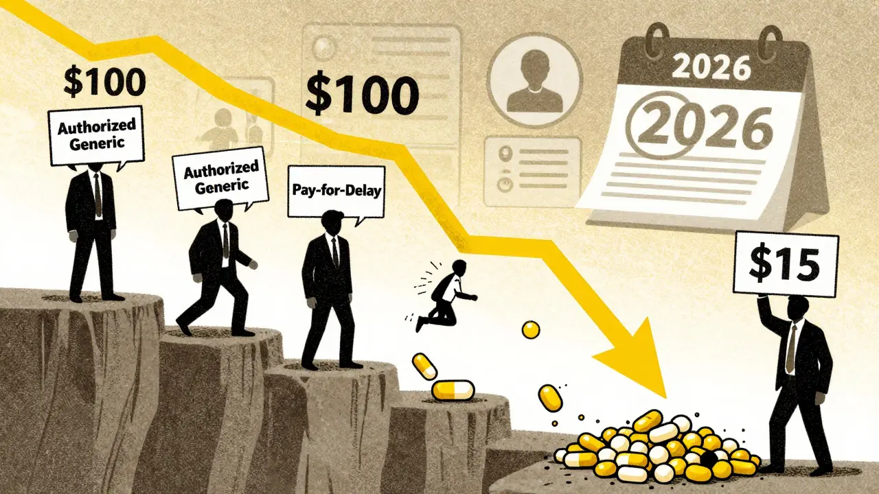 Price of brand drug crashes as multiple generics tumble down, with authorized generic and pay-for-delay figures in shadows.