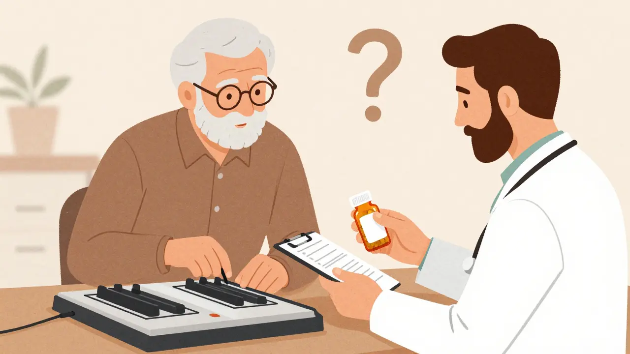 Senior and caregiver discussing medications with doctor