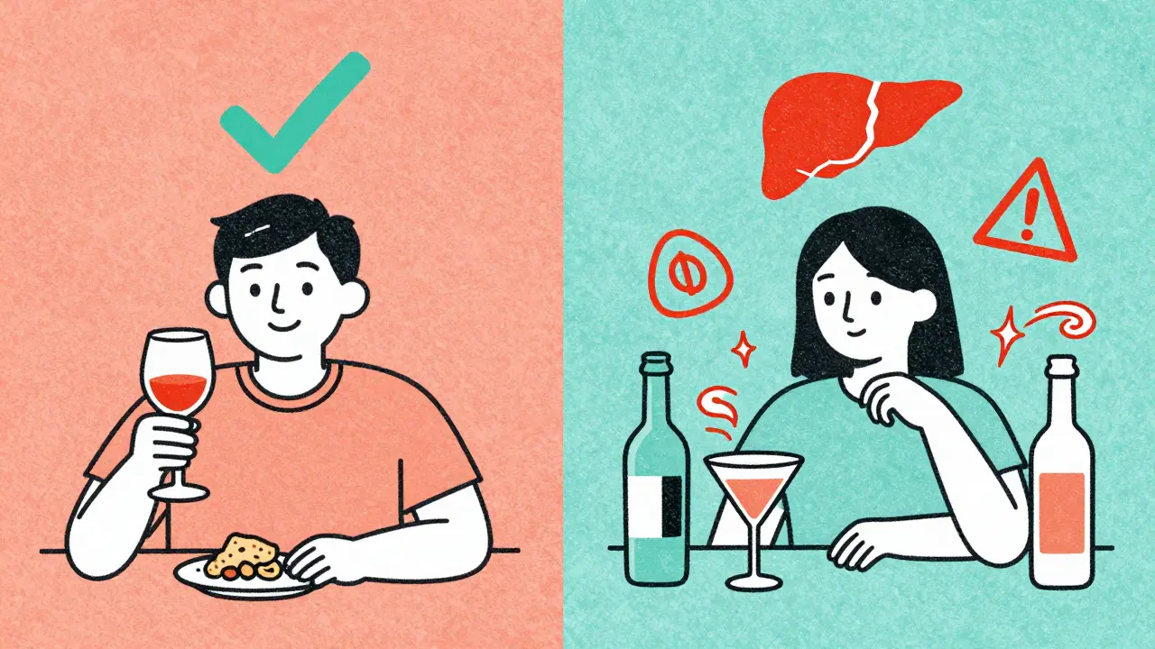 Split illustration: one person drinking wine with snack and checkmark, another surrounded by cocktails and warning symbols, in terracotta and teal.