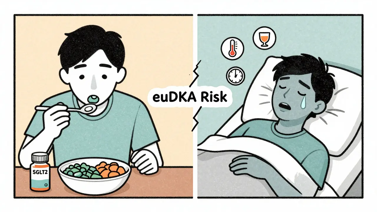 Split illustration showing lifestyle triggers leading to euglycemic diabetic ketoacidosis risk.