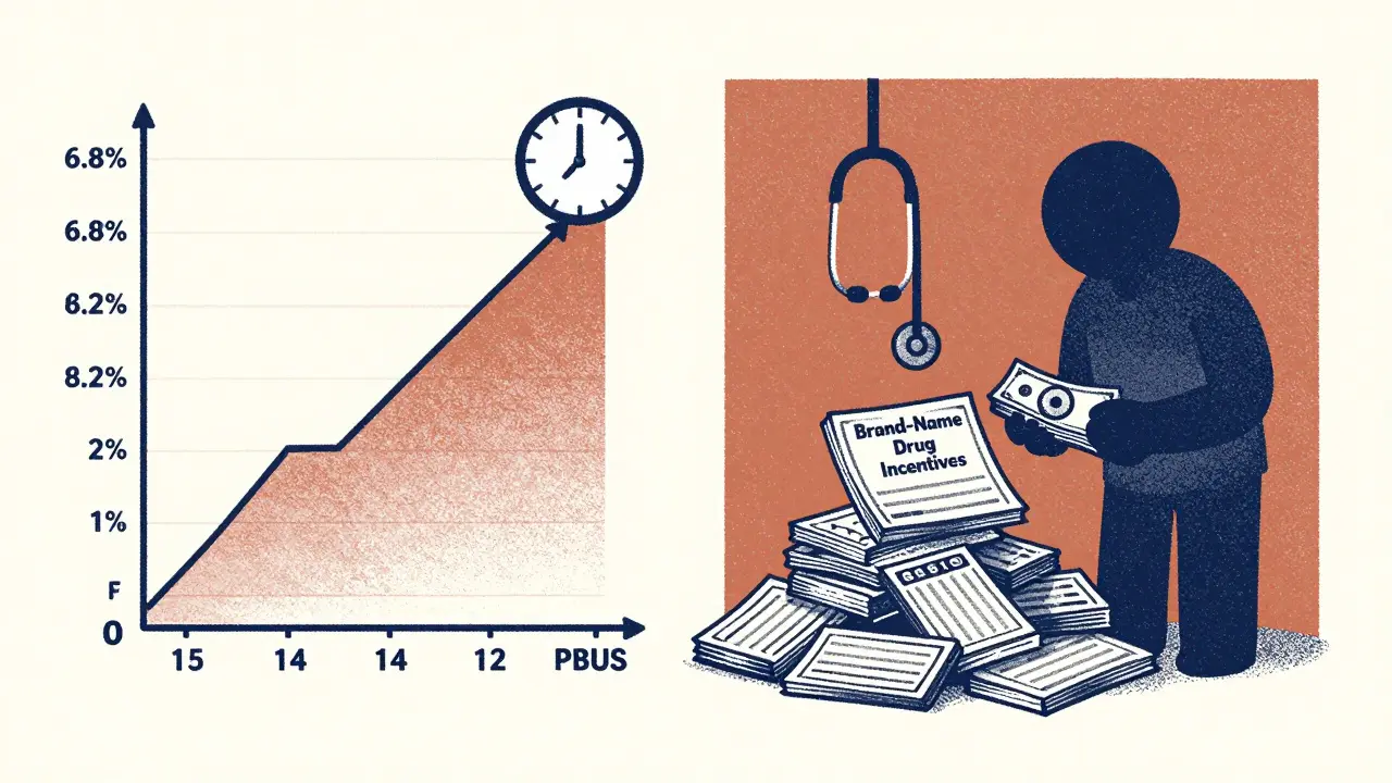 Split image: patient's rising HbA1c graph vs. growing pile of rebates from brand-name drug incentives.