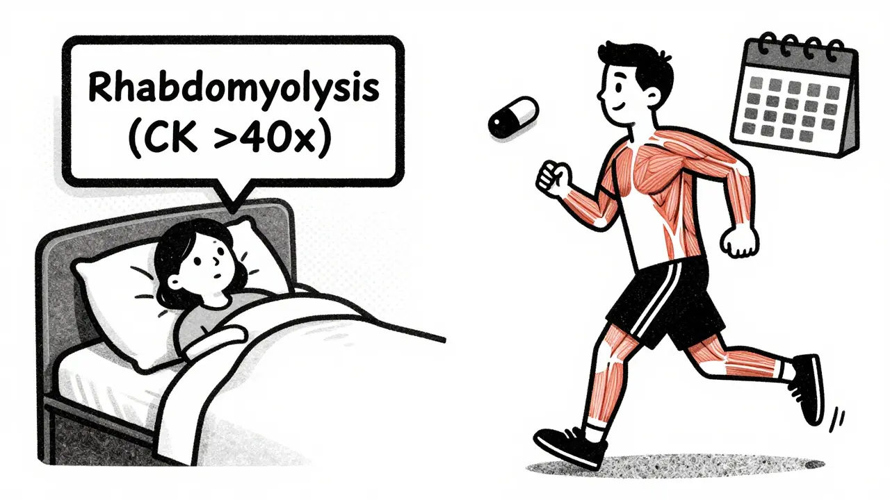 Split scene: one side shows muscle danger warning, other shows person jogging with low-dose statin and intermittent dosing calendar.