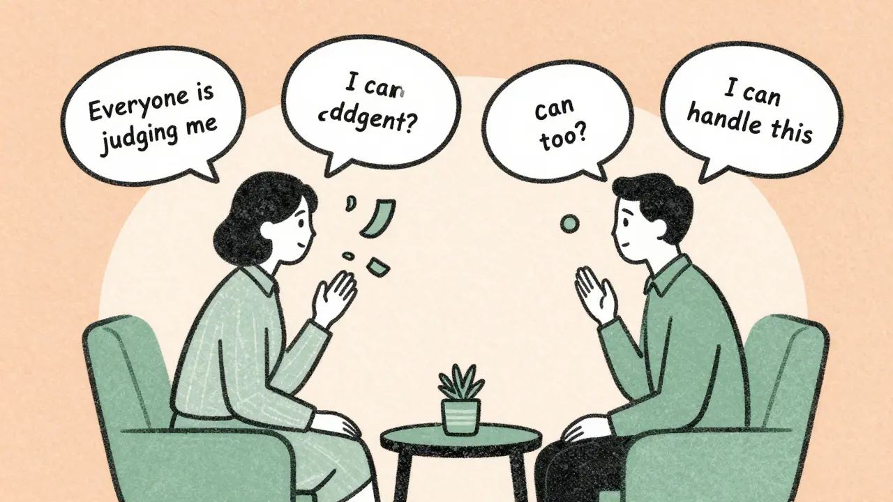 Therapist and client in a calm room, negative thoughts being transformed into balanced ones through symbolic imagery.