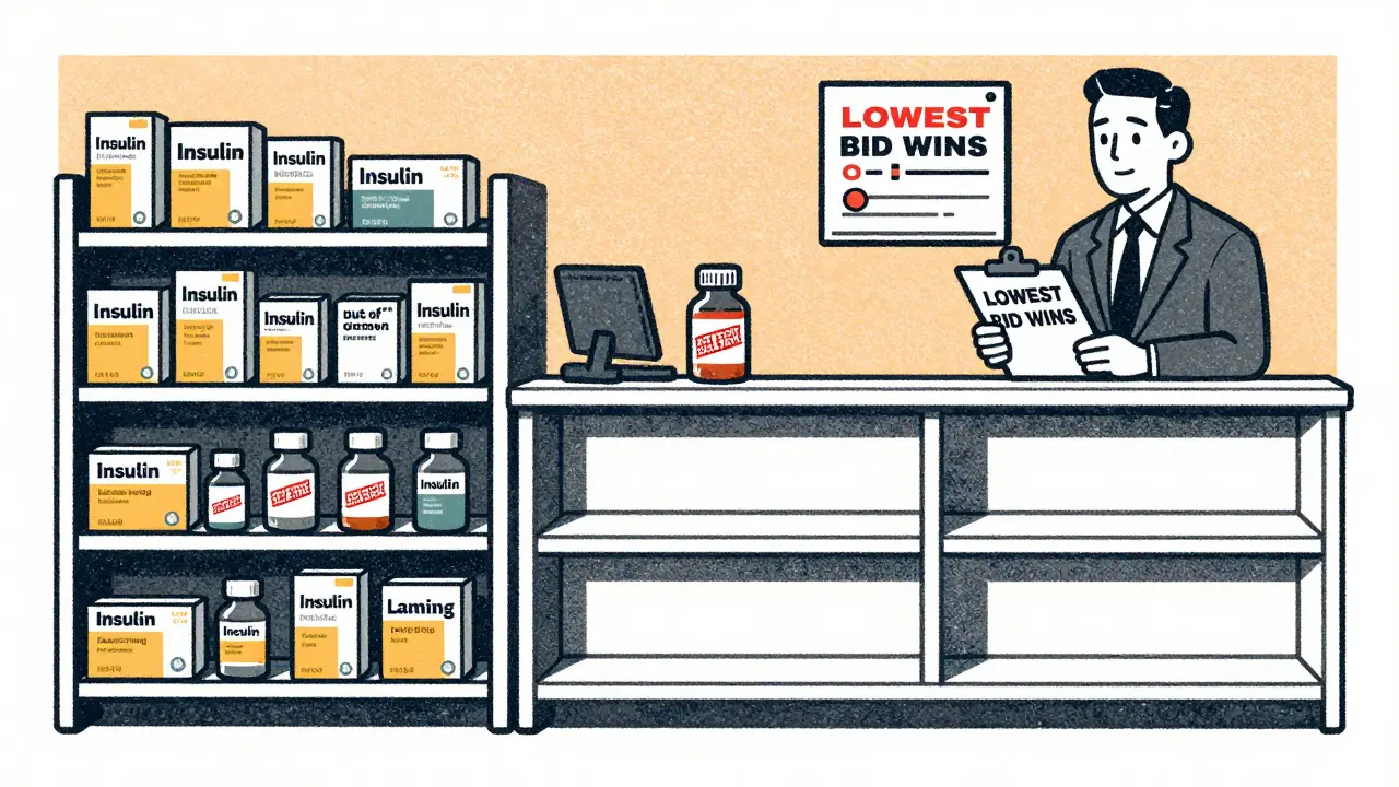 Two empty pharmacy shelves with one out-of-stock vial, while a PBM prioritizes low cost.