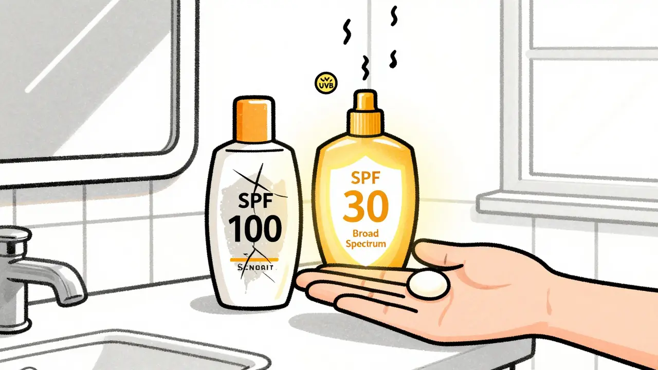 Two sunscreen bottles compared: SPF 100 fading vs. SPF 30 broad spectrum glowing, with a measured teaspoon dollop on a hand.