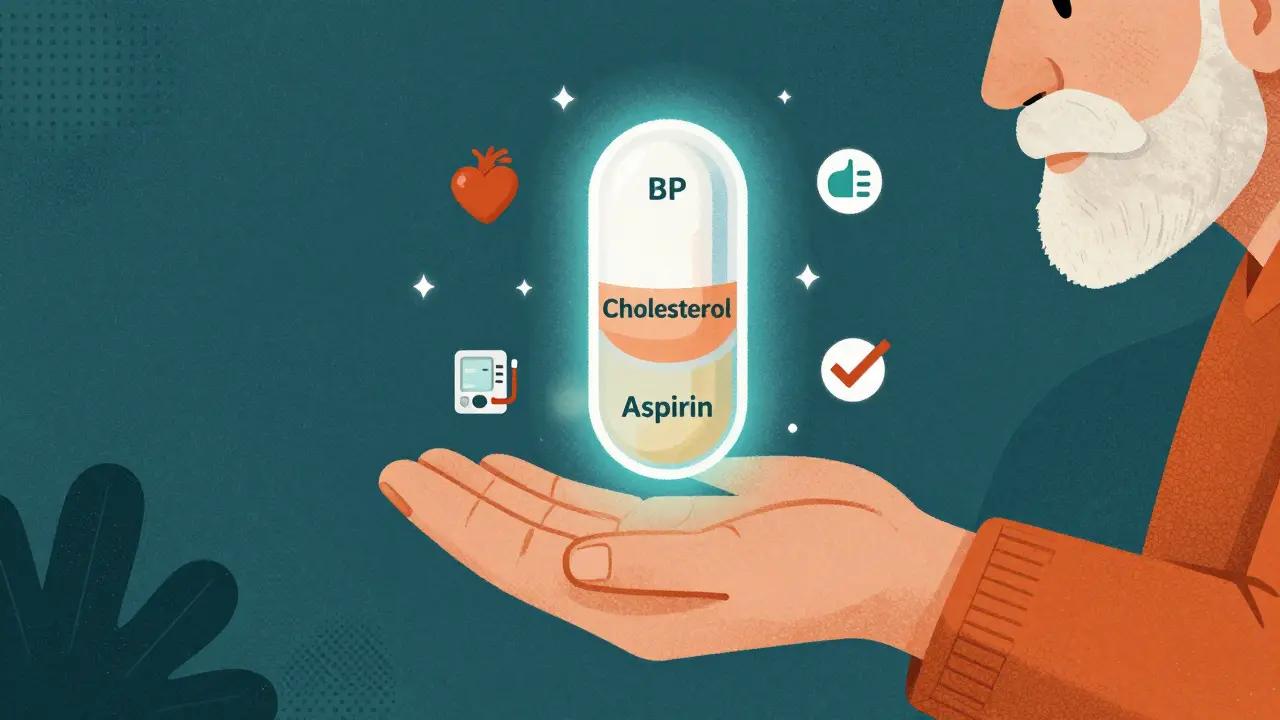 A glowing single polypill with three labeled components floating above a senior's palm, surrounded by health icons.