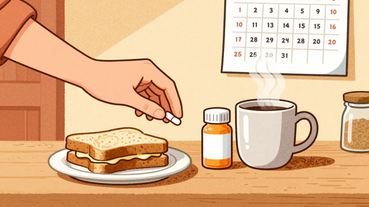 A pill bottle placed next to a coffee mug and sandwich on a kitchen counter at lunchtime.