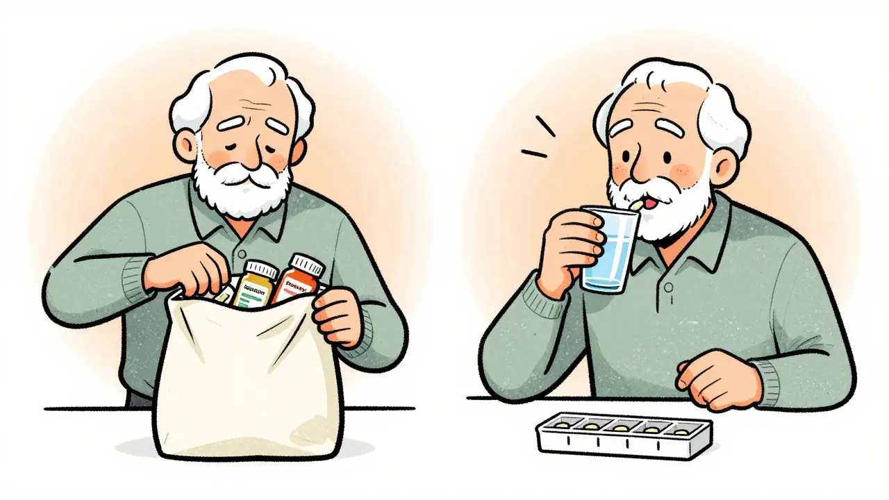 A senior comparing a cluttered pharmacy bag with a single combination pill and minimalist organizer.