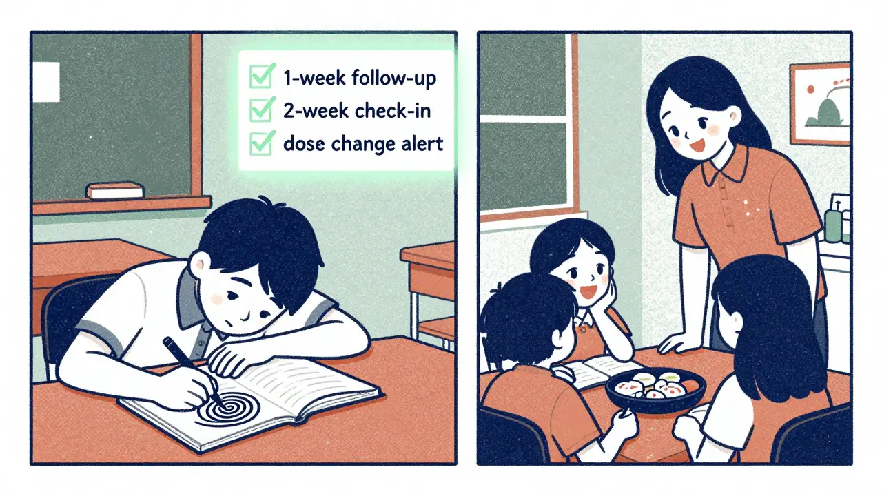 A teen showing contrasting behaviors at school and home, with monitoring reminders floating above.