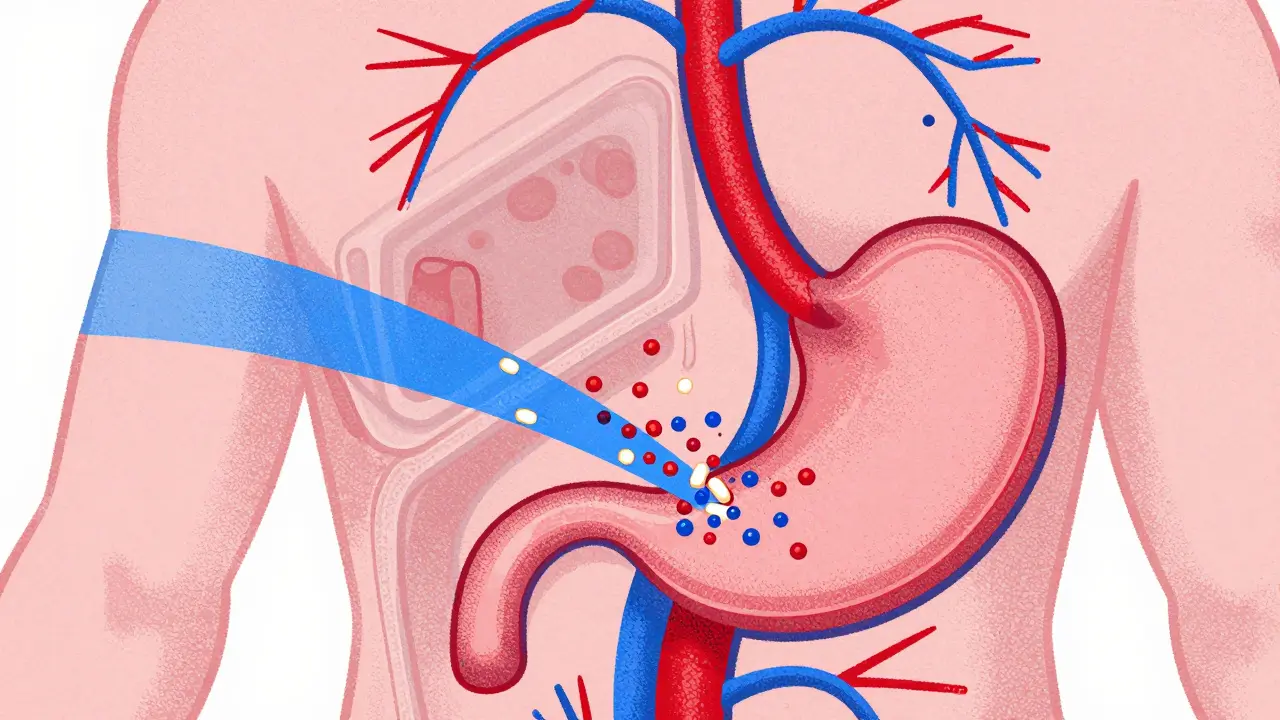 Abstract view of pill dissolving and merging into bloodstream flow.