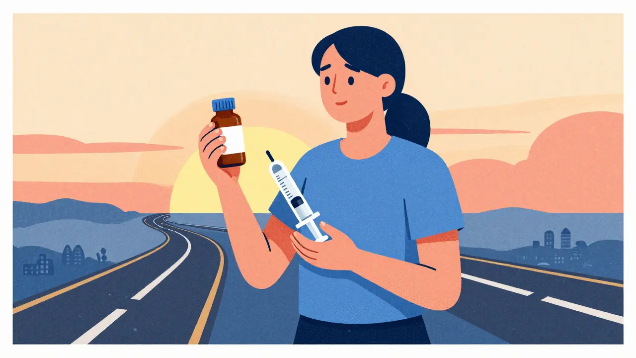 Confident patient managing health with medication and lifestyle tools.