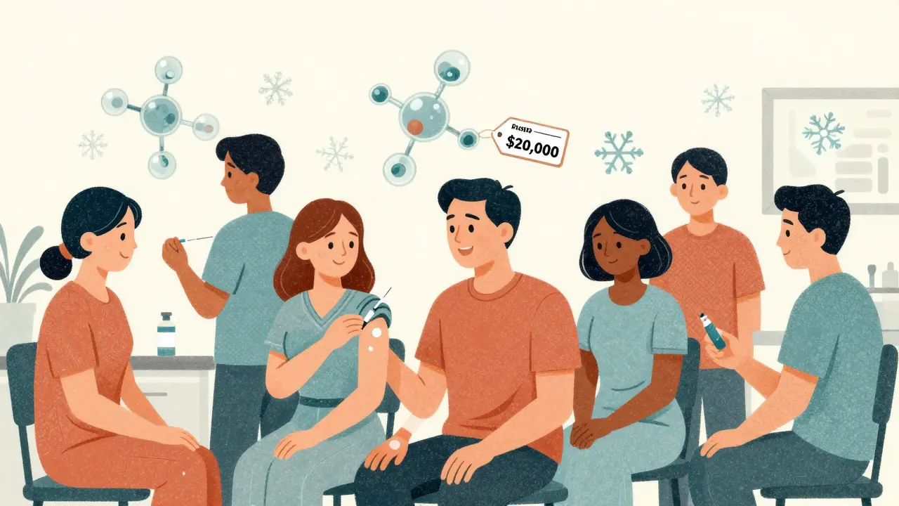 Diverse patients receive injections with molecular structures floating above them, showing cost savings on a price tag.