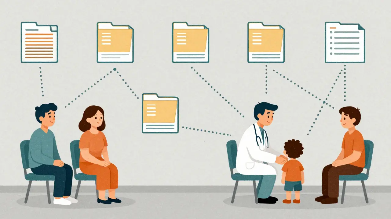 Doctor examining child with parents for genetic heart condition screening.